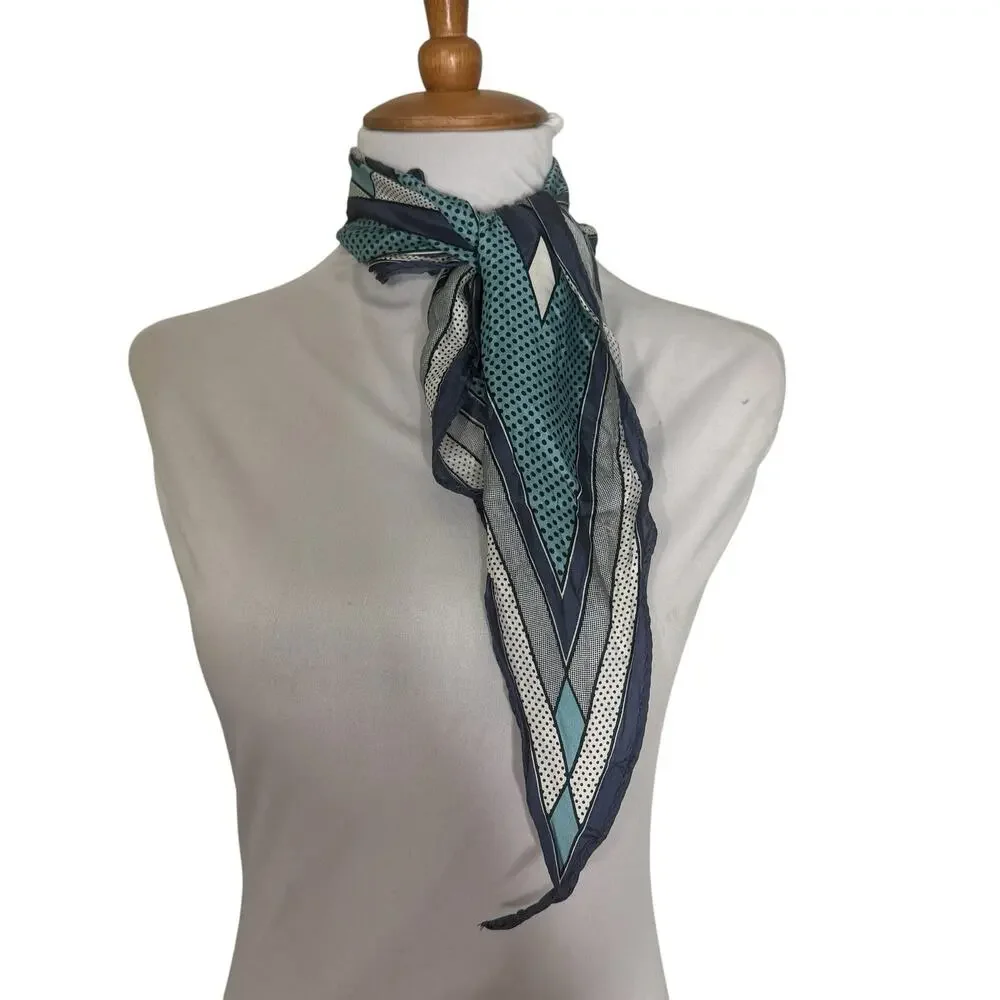 Vintage Silk Scarf Aqua Navy Geometric Polka Dot Square Neck Hair Scarf